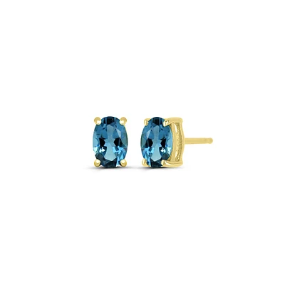 Oval London Blue Topaz Solitaire Earrings in 14K Yellow Gold