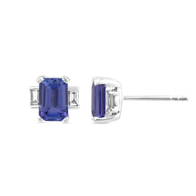 Emerald Cut Tanzanite & Diamond Accent Earrings in 10K White Gold