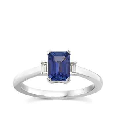 Emerald Cut Tanzanite & Baguette Diamond Accent Ring 10K White Gold