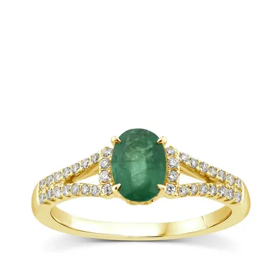 Oval Emerald & 1/4 ct. tw. Diamond Split Shank Ring 10K Yellow Gold