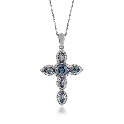 Multi-Shape Created Alexandrite & White Sapphire Cross Pendant in Sterling Silver