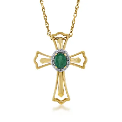 Oval Emerald & Diamond Accent Open Cross Pendant in 10K Yellow Gold