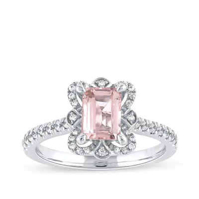 Emerald Cut Morganite & 1/4 ct. tw. Diamond Floral Halo Ring 10K White Gold