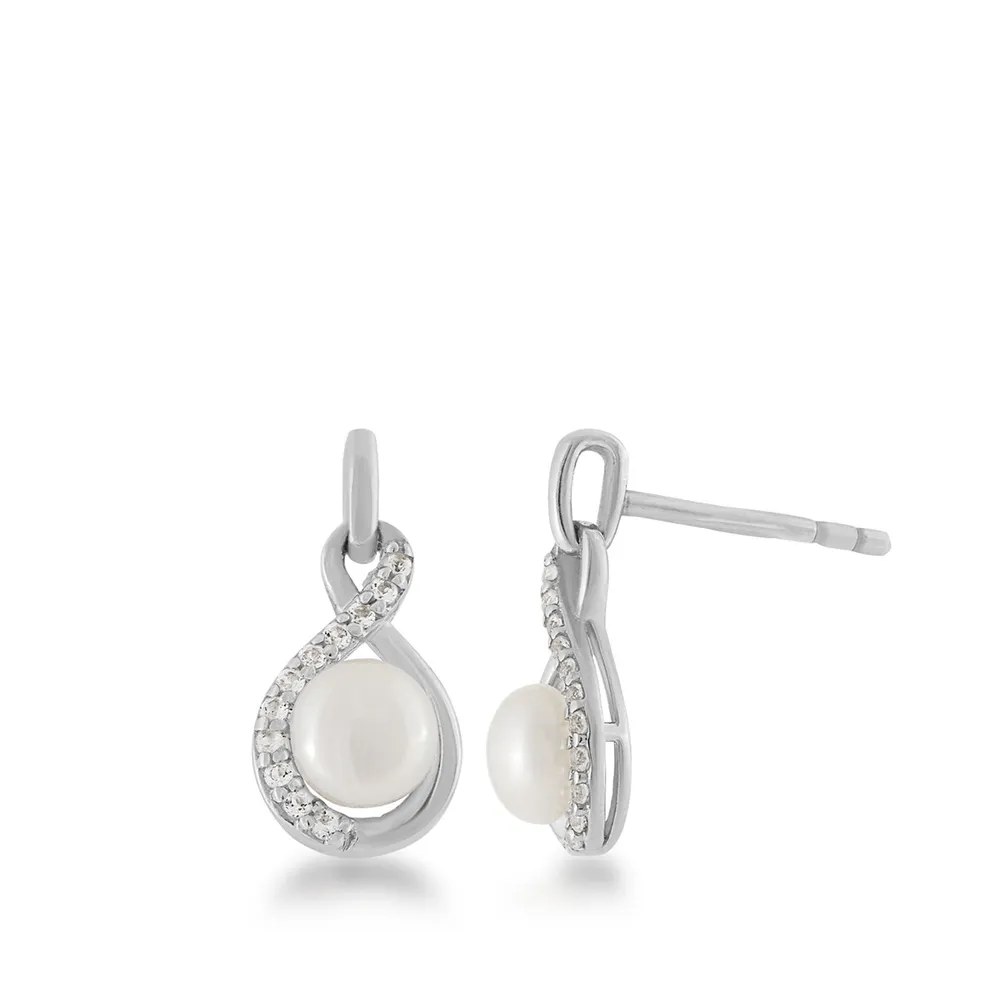 Freshwater Pearl & Created White Sapphire Twist Drop Earrings in Sterling Silver