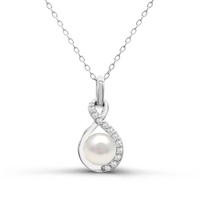 Freshwater Pearl & Created White Sapphire Twist Pendant in Sterling Silver