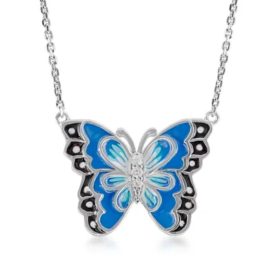 Blue Enamel & Created White Sapphire Butterfly Necklace in Sterling Silver