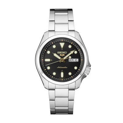 Seiko Men's 5 Sports Automatic Stainless Steel Watch with Gold Accent Black Dial