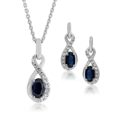 Genuine Blue & Created White Sapphire Infinity Pendant & Earring Set in Sterling Silver