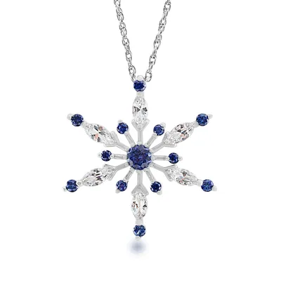 Created Blue & White Sapphire Snowflake Pendant in Sterling Silver