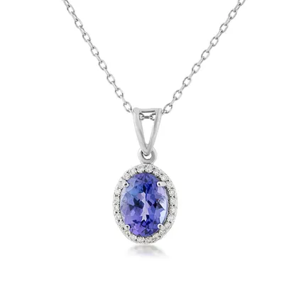 Oval Tanzanite & / ct. tw. Diamond Halo Pendant in 14K White Gold