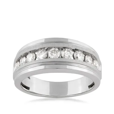 1 ct. tw. Men's 9-Stone Diamond Brushed Center Wedding Band 10K White Gold