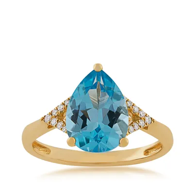 Pear Swiss Blue Topaz & Diamond Accent Ring 10K Yellow Gold