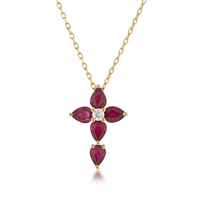 Pear Ruby & Diamond Accent Cross Pendant in 10K Yellow Gold