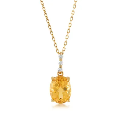 Oval Citrine & Diamond Accent Drop Pendant in 10K Yellow Gold