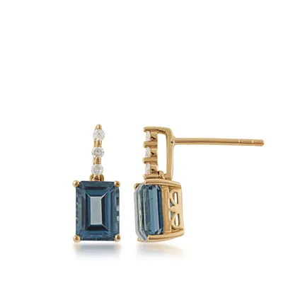 Emerald Cut London Blue Topaz & Diamond Accent Drop Earrings in 10K Yellow Gold