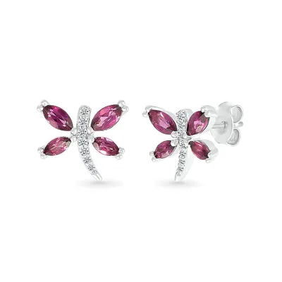 Marquise Rhodolite Garnet & Created White Sapphire Dragonfly Earrings in Sterling Silver