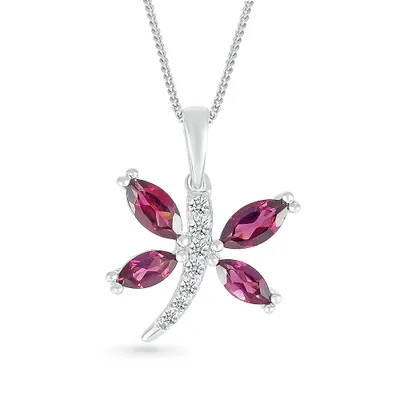 Marquise Rhodolite Garnet & Created White Sapphire Dragonfly Pendant in Sterling Silver