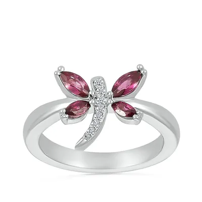 Marquise Rhodolite Garnet & Created White Sapphire Dragonfly Ring Sterling Silver