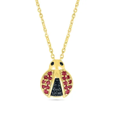 Created Ruby & Treated Black Diamond Accent Ladybug Pendant in 10K Yellow Gold