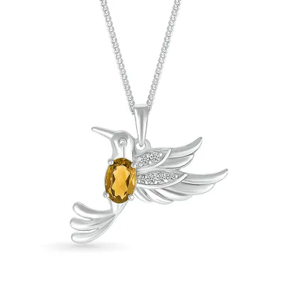 Oval Citrine & Created White Sapphire Hummingbird Pendant in Sterling Silver