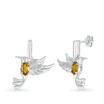 Oval Citrine & Created White Sapphire Hummingbird Drop Earrings in Sterling Silver