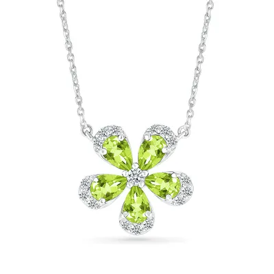 Pear Peridot & Created White Sapphire Flower Pendant in Sterling Silver