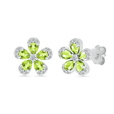 Pear Peridot & Created White Sapphire Flower Earrings in Sterling Silver