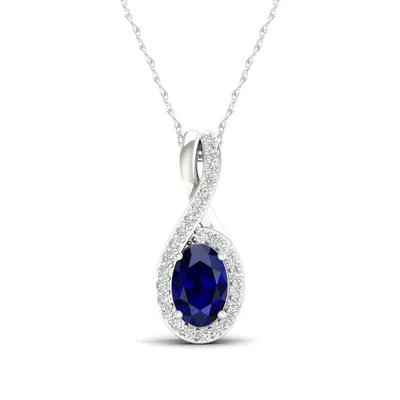 Infinite Love Oval Sapphire & Diamond Accent Halo Twist Pendant in 10K White Gold