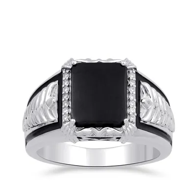 Men's Rectangle Onyx & 1/10 ct. tw. Diamond Braided Black Enamel Ring Sterling Silver