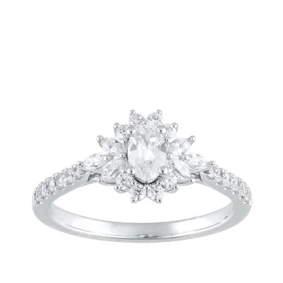 Natural 3/4 ct. tw. Oval Diamond Floral Halo Engagement Ring 14K White Gold