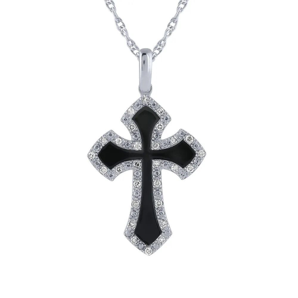 1/10 ct. tw. Diamond Black Enamel Flared Cross Pendant in Sterling Silver