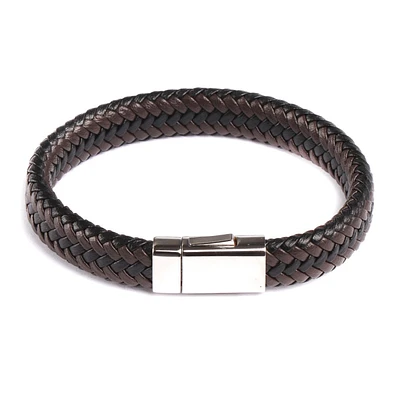 Men's 12mm 8.5" Brown & Black Braided Leather Bracelet in Stainless Steel