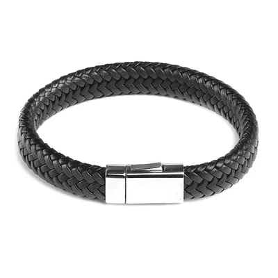 Men's 12mm 8.5" Black Braided Leather Bracelet in Stainless Steel