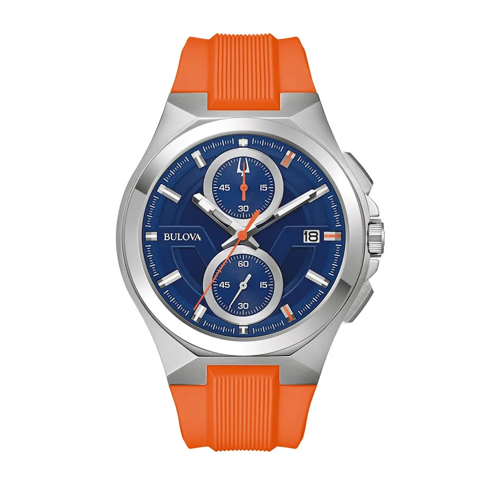 Bulova Men's Marc Anthony Maquina Quartz Chronograph Stainless Steel Watch with Blue Dial & Orange Silicone Strap