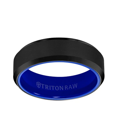 Triton Men's Blue Ceramic Interior Wedding Ring Raw Black Tungsten Carbide