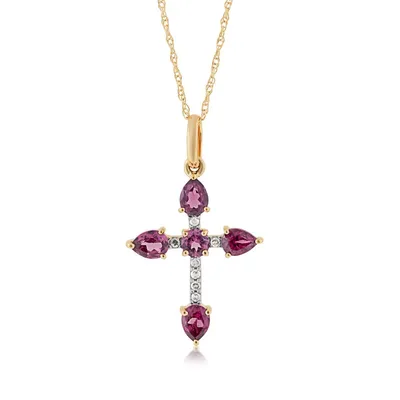 Pear & Round Purple Rhodolite Garnet & Diamond Accent Cross Pendant in 10K Yellow Gold