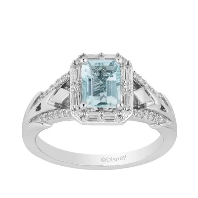 Enchanted Disney Vault Elsa Emerald Cut Aquamarine & 3/8 ct. tw. Baguette Round Diamond Halo Ring 14K White Gold