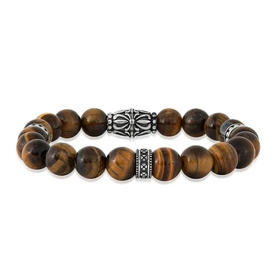 Men's 10mm 8.5" Tiger's Eye Bead Bracelet in Oxidized Sterling Silver