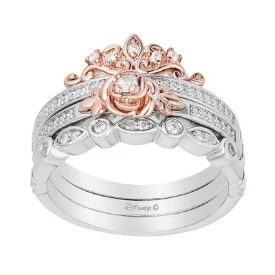 Enchanted Disney Vault Belle 1/5 ct. tw. Diamond Rose & Tiara Stackable Ring Set Sterling Silver 10K Pink Gold