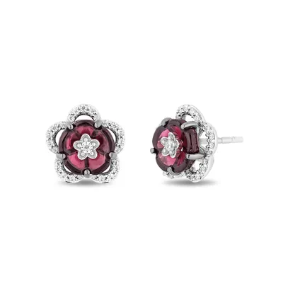 Enchanted Disney Vault Mulan Rhodolite Garnet & 1/5 ct. tw. Diamond Flower Earrings in Sterling Silver