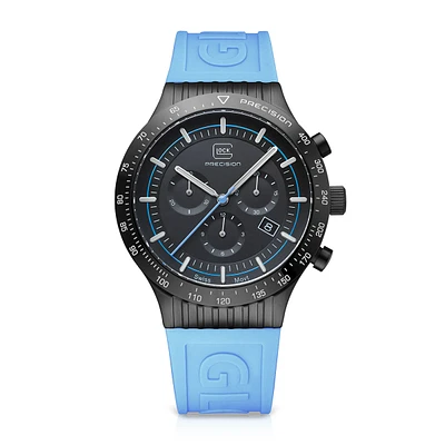 Glock Men's Quartz Chronograph Black Stainless Steel Watch with Black Dial & Light Blue Silicone Strap