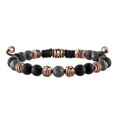 Bulova Men's Latin Grammy Hematite, Onyx, & Black Lava Bead Adjustable Bracelet in Rose-Gold Tone Ion Plated Stainless Steel