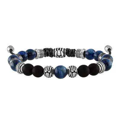 Bulova Men's Blue Tiger's Eye & Onyx Bead Adjustable Bracelet in Stainless Steel