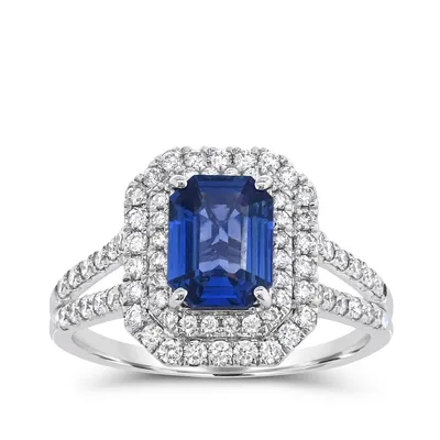 Emerald Cut Sapphire & 5/8 ct. tw. Diamond Double Halo Split Shank Ring 14K White Gold