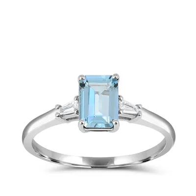 Emerald Cut Aquamarine & Tapered Baguette White Sapphire Ring 14K Gold