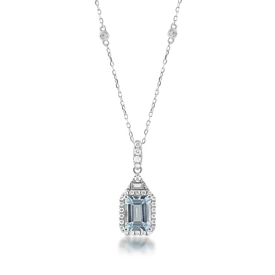 Emerald Cut Aquamarine & Diamond Accent Halo Station Pendant in 14K White Gold