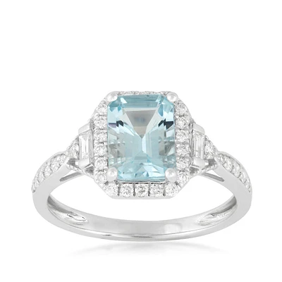 Emerald Cut Aquamarine & / ct. tw. Diamond Halo Ring 14K White Gold