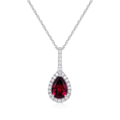 Pear Rhodolite Garnet & 1/4 ct. tw. Diamond Halo Dangle Pendant in 14K White Gold