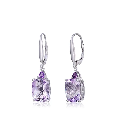 Cushion Rose De France Amethyst Dangle Earrings in 14K White Gold