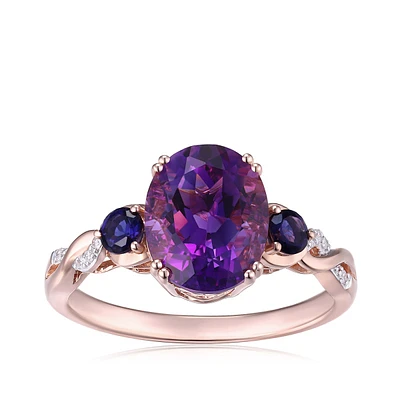 Oval Amethyst, Round Iolite, & Diamond Accent Twist Ring 14K Pink Gold